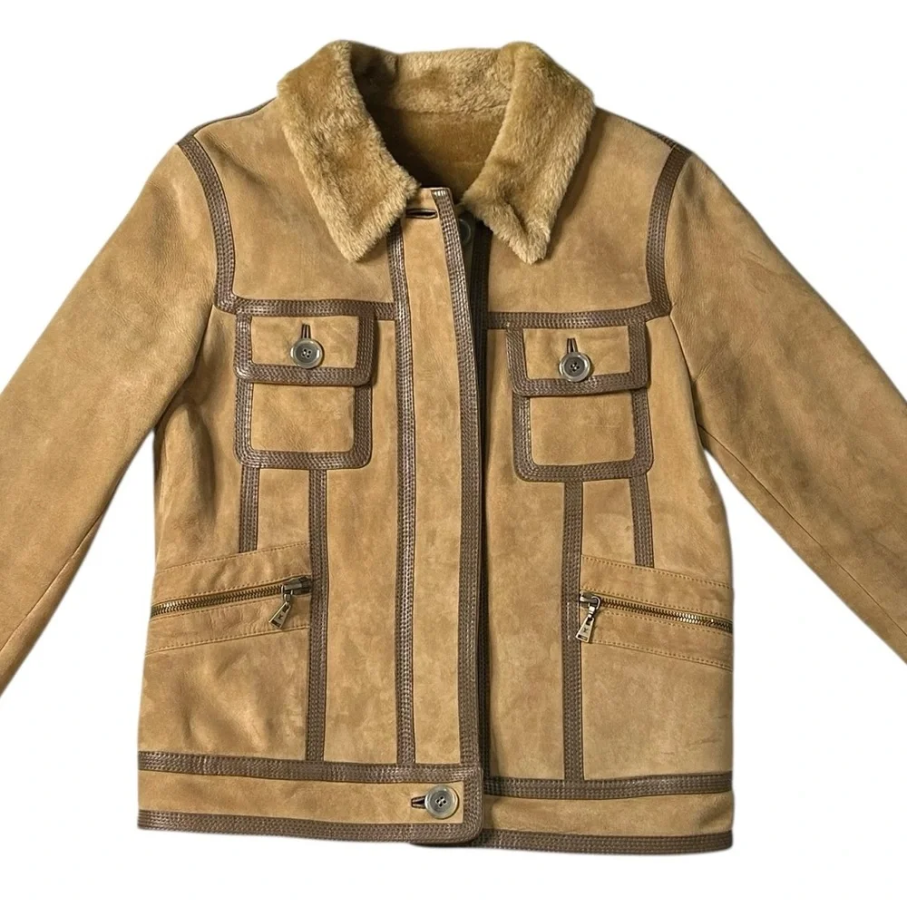 Louis Vuitton Shearling Suede Mouton Jacket Lamb Fur IT 36